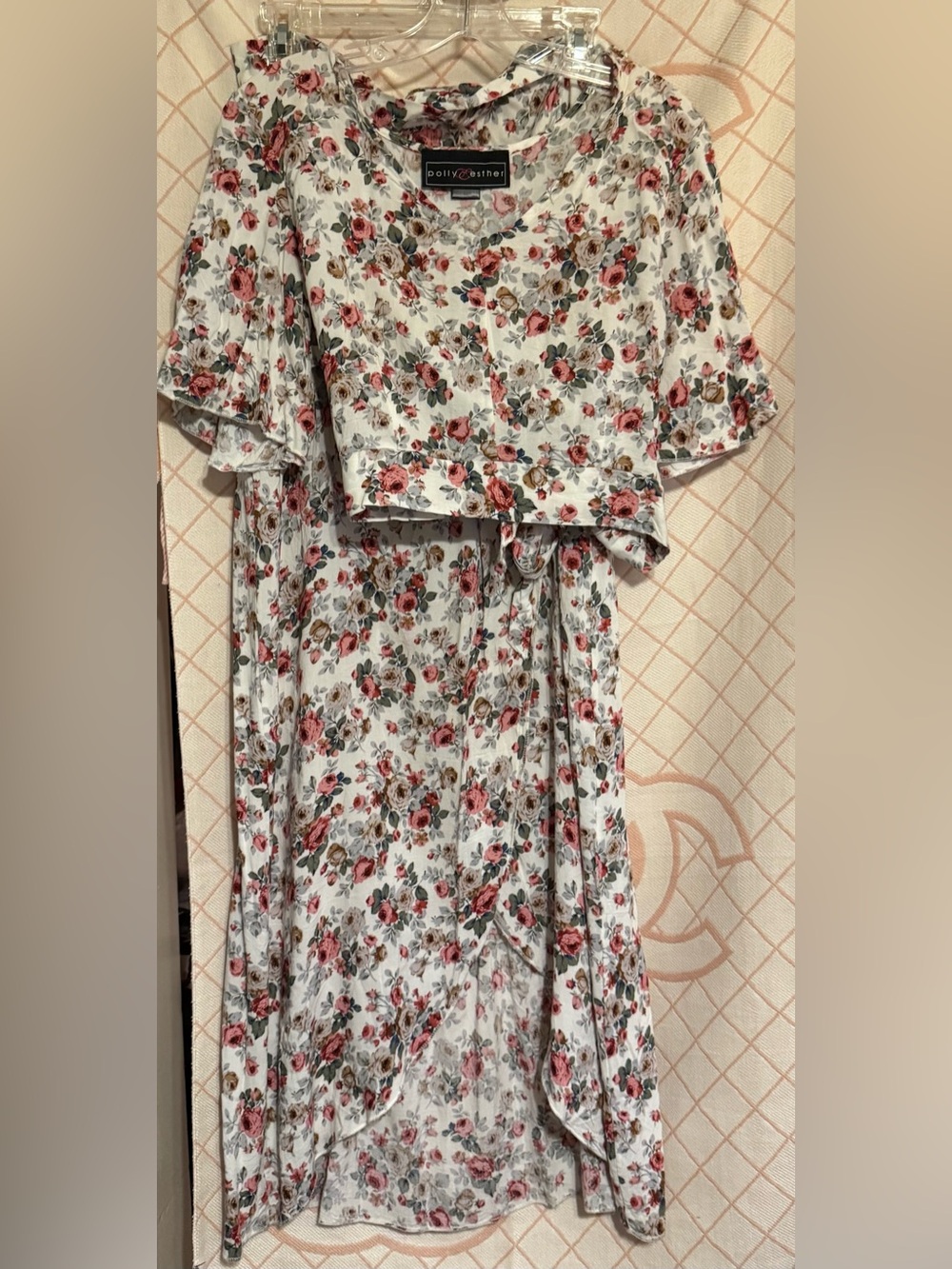 White Floral Midi Dress with Pink Rose Print
